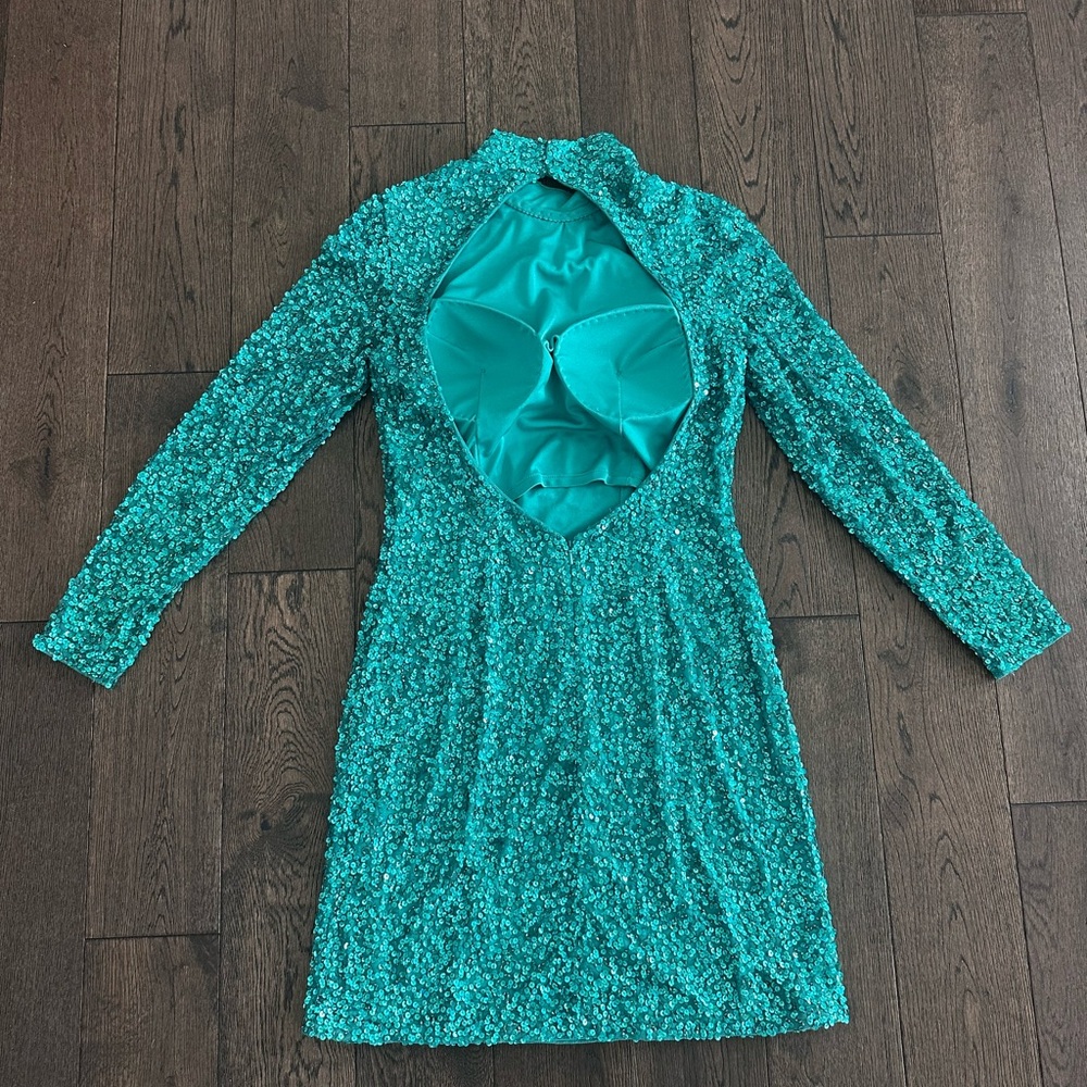 Ashley Lauren Sequined Long Sleeve Mini Dress in Jade - Picture 2 of 10